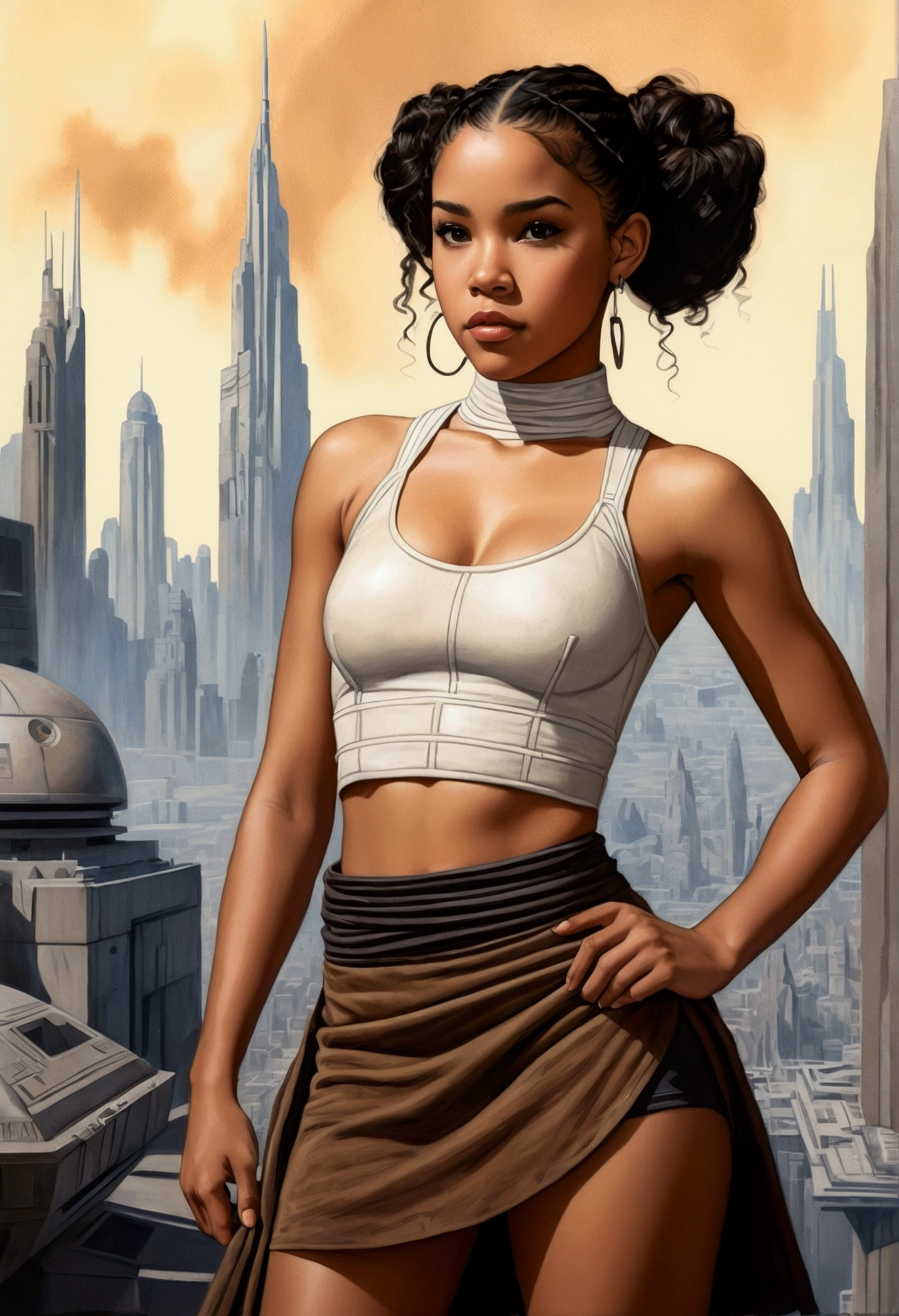 An illustrated movie poster, hand-drawn, full color, a teenage Jedi, 18-years-old, female, wearing a crop top and a skirt, athletic hourglass figure, busty bosoms, full wide hips, massive round butt, long shapely legs, ridiculously thick powerful thighs, hazel eyes, dark hair, curly ponytail, warm brown complexion, resembles Alexandra Shipp, standing above Coruscant, graphite shading, stencil marks, airbrushed acrylic paint, masterpiece, in the style of Drew Struzan 