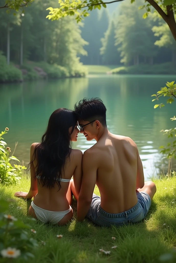 Like real photo, married couple about 40 years old, lying on a meadow by a forest lake, she is about 175cm tall, black long hair wearing only white string thong, he without beard about 185cm tall, black short hair with black frame glasses, short blue jeans shorts upper body not clothed , he caresses her ass,she smiles sexily, a man comes closer and sees the two