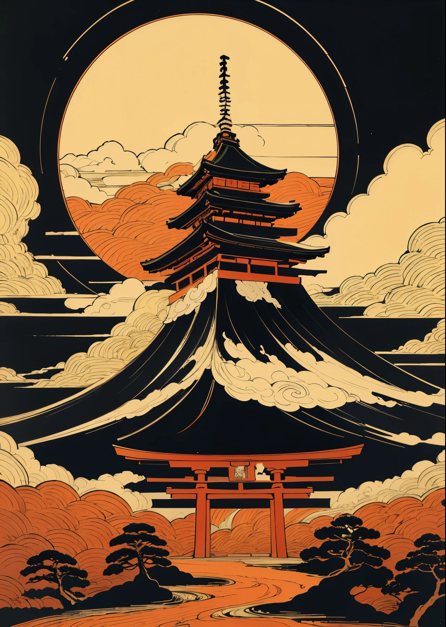 1Mt. Fuji、shrine、torii、pine tree, Edo period drama、(Japanese traditional colors, Flat Color, flat texture, Line art:1.2), print, (Dark ink, Ink Black),
