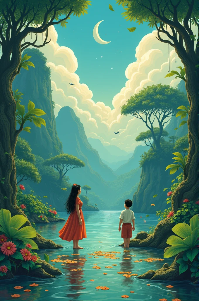 Make a poster about this  excerpt :

"In the land of the T'bolis
I met a girl like her 
Who was loved by everyone 
And an enemy to one

A frog who possess power
Was the one whom she angered
Opened the mystic lotus
Gushed water and flood the land

Her brother saw it all
Take payback what the frog did
He threw leaves and phyton so
His sister can pass through it 

The frog won and filled the land
Covered now with water and 
It turned small islets where it 
Became their home and place now."
