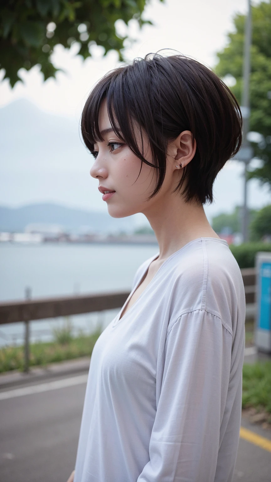 Realistic、masterpiece、Highest quality、Highest quality、8k、RAW Photos、Cinema Lighting、Very cute one、short hair、Moisturized hair、My hair is messed up by the gust of wind、Background seen from the road、Upper Body、Photo of your face、profile、Eyes focus、Clothes to wear on a very hot day、Laughter、The depth of the written world、Wide Light、High Contrast、Shine、chromatic aberration、Sharp focus、Raw color photography