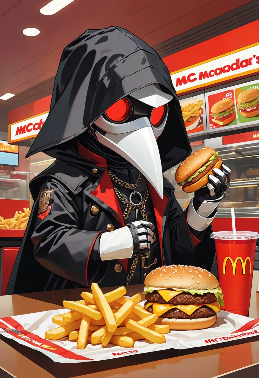 (masterpiece, best quality:1.1), (ultra highres, ultra-detailed:1.2),pop-art style,flatcolor, (he is eating a big mac),sitting,French fries, juice, and McNuggets are placed on the table,(in McDonald's shop), BREAK chibi-boy,((wearing plague-doctor costume,plague-doctor's white mask)),eyes glow red,black hood and black lab-coat, mecha arm,