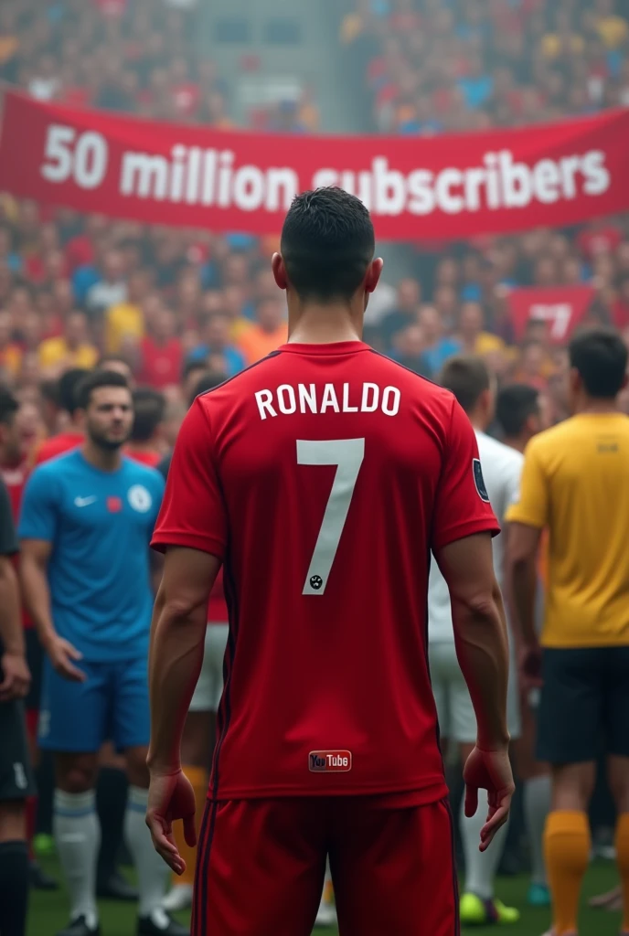 Ronaldo celebrate 50milion youtube subscribers...
A banner shows 50M subscribers done in the background... So many people enjoying in background and they wear blue, yellow, white, black, orange tshirts not any jersey...
Ronaldo turn back side, his jersey number 7 and jersey and pant colour is red.... Only a YouTube logo in jersey.... Simple hairstyle
Look real