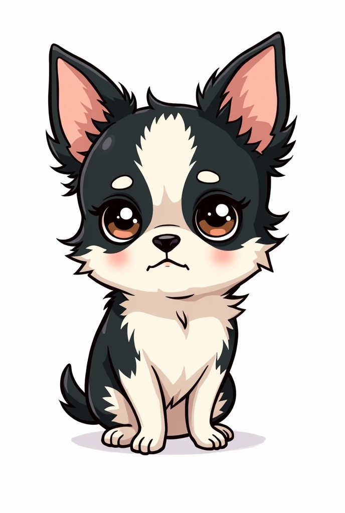 Chihuahua, black and white face, white body, black sides of belly, black butt, fluffy ears, brown eyebrows, sparkling eyes, manga style, LINE stamp style, two short legs, transparent background, sad face