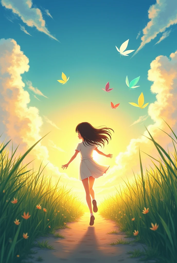 anime artwork A captivating scene of a young girl with long, flowing hair running down a narrow path through a lush, sunlit meadow. She wears a simple, white dress that flutters in the breeze as she moves forward, her silhouette bathed in the soft, golden glow of the setting sun. The sky is a vibrant mix of blue and yellow, dotted with fluffy clouds that catch the light. Butterflies of various colors, including white, blue, and yellow, flutter around her, adding a sense of magic and wonder to the scene. The tall grass on either side of the path sways gently, while the entire landscape radiates warmth, freedom, and a sense of joyful adventure. . anime style, key visual, vibrant, studio anime, highly detailed