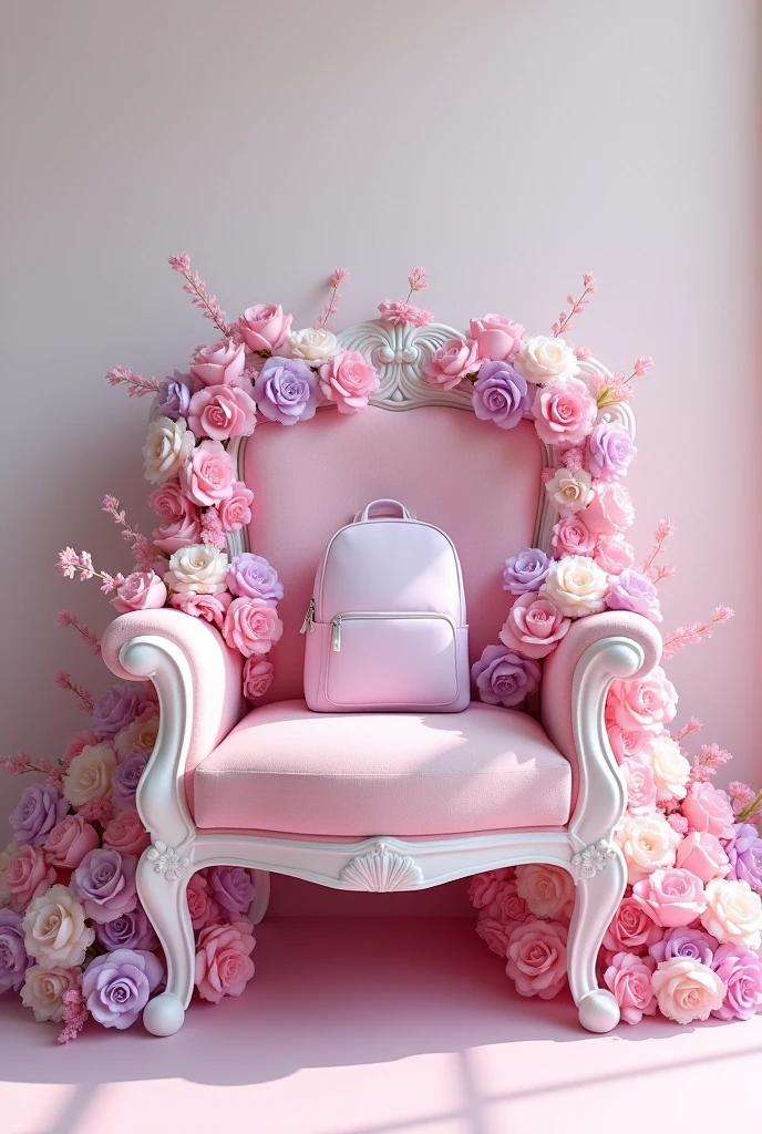 a pink chair with flowers and a backpack on its back