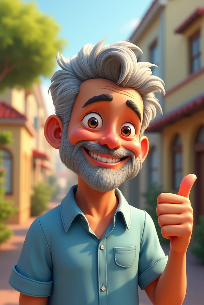 Brazilian man, middle-aged, hair grey, scruffy beard, more youthful appearance, slightly chubby face,  ssmile, happy, wearing a light blue dress shirt, making a positive sign with your hand "like", cartoon pixar style