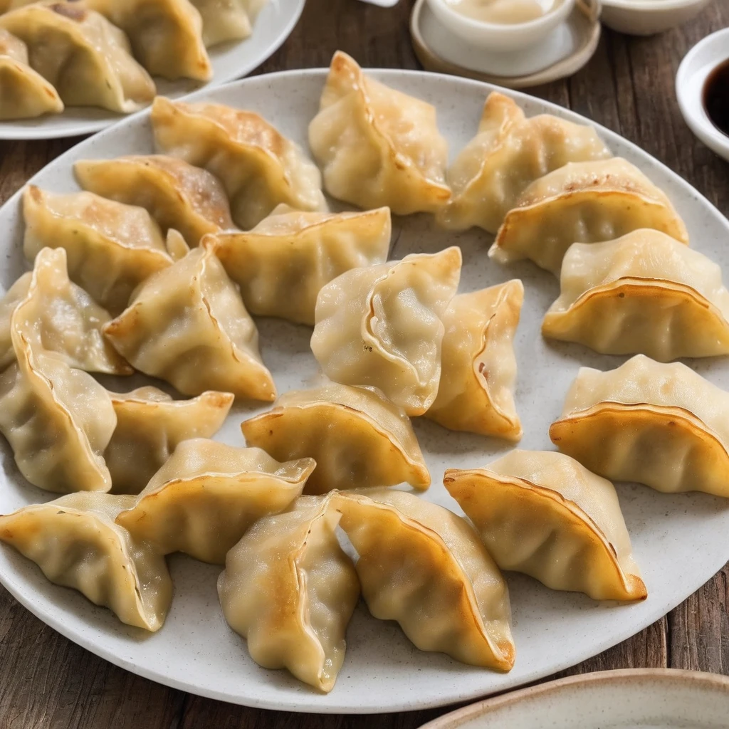 ((One side is brown and discoloured)).((Baked dumplings)),((crescent shaped gyoza:1.********u can see the minced meat through the dough...))、These dumplings are made from wheat flour dough rolled out thinly and shaped into semicircular shapes...、Stack the dumplings and put a lot on a small plate.、