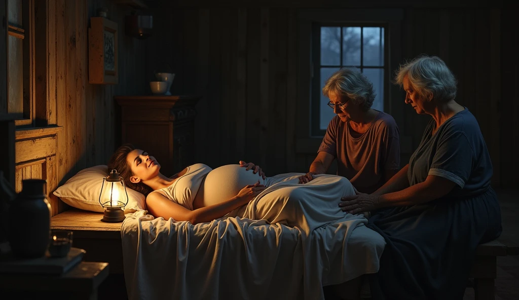 A pregnant woman sleeping on a cot and two old women with her inside a house at dark night