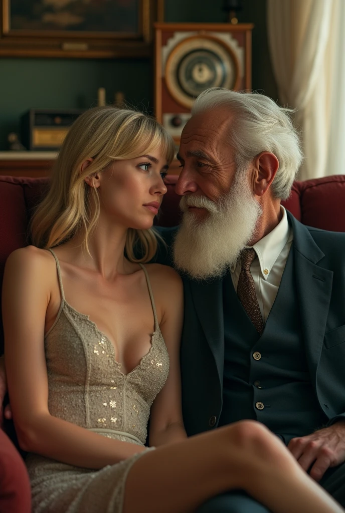 A beautiful young teen woman with sexy mini dress sitting on the sofa, the image is 60s style, next to her there is a radio that is playing blues, she has a sad look, and blonde with blue eyes. On the couch there is a bearded old man of 80, well dressed in a suit., they are looking at each other with loving gaze. I want the image in YouTube format. In loving