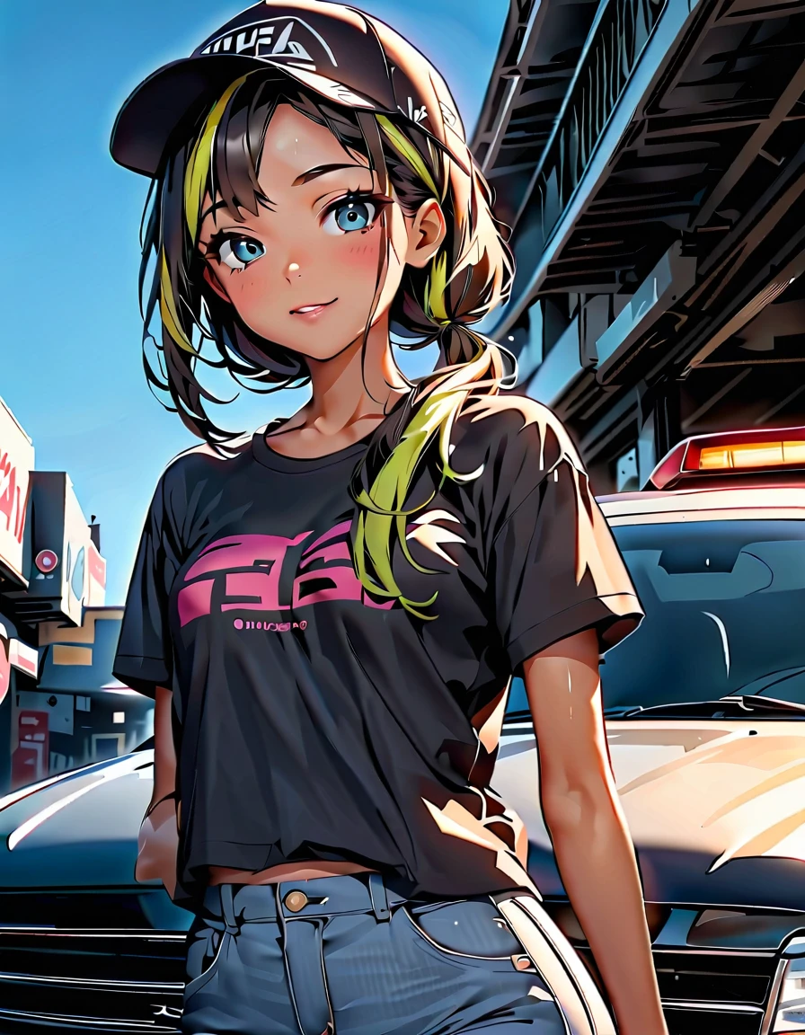 (highest quality:1.2, Very detailed, up to date, Vibrant, Ultra-high resolution, High Contrast, masterpiece:1.2, highest quality, Best aesthetics), Portraiture、girl、 (slim:1.2), 25-years-old, (black trucker cap:1.3), (black t-shirt), jeans, Bright colors、Beautiful fine details、Beautiful lip detail、long hair, (low ponytail:1.3), white and yellow green ((streaked hair:1.6)), highlights hair: 1.5, (small breast,:1) (tan skin:1.2),standing in front of her car, blue sky blue ocean, ((cowboy shot:1.5)),