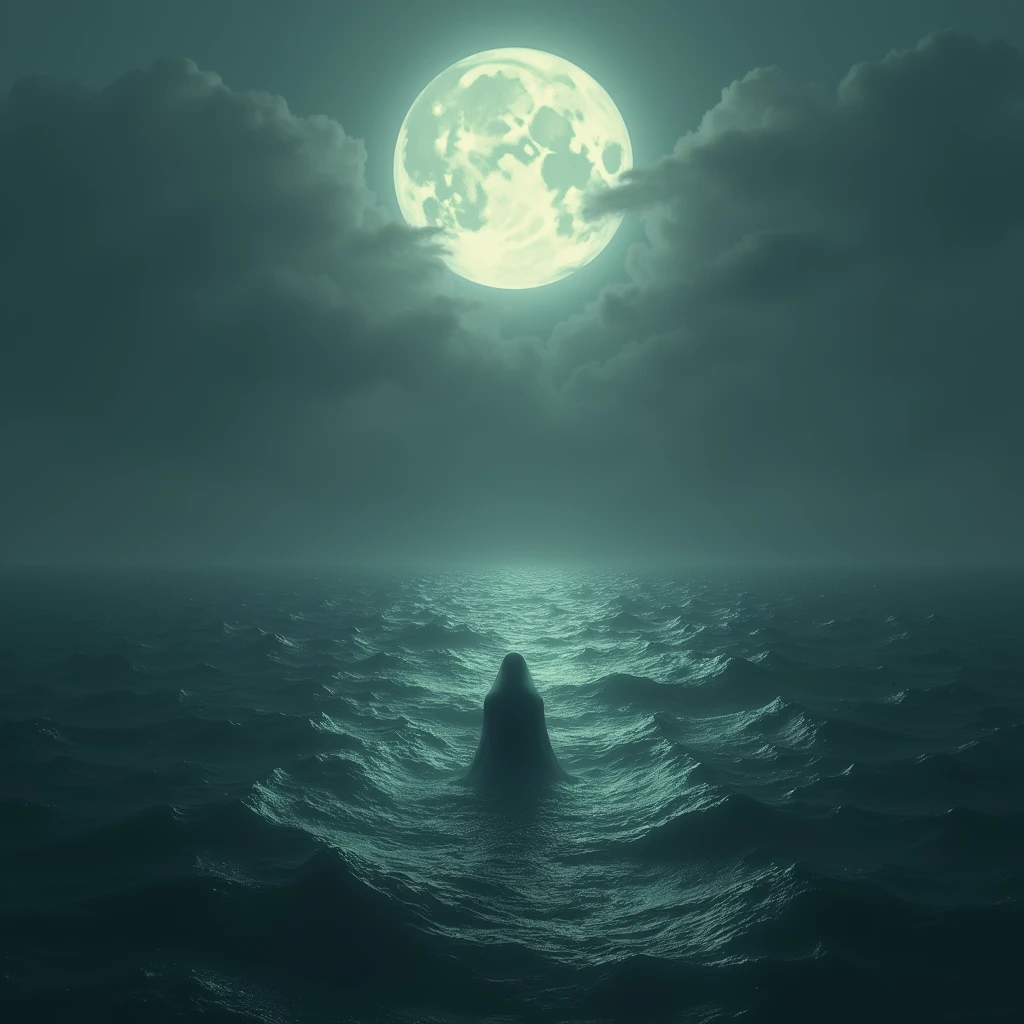 The final image is a dark sea, where water and sky merge into one. A full moon above, and a slowly fading figure beneath the water.

