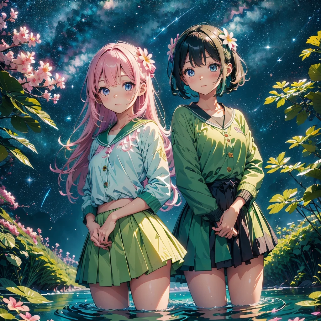 Cute girl characters、Green grass々Drawing plumeria flowers flying over the water, Looking up at the starry sky. Surround her with colorful nebulae and colorful forests.pink there、shuicolor、Blue fantastic light source background