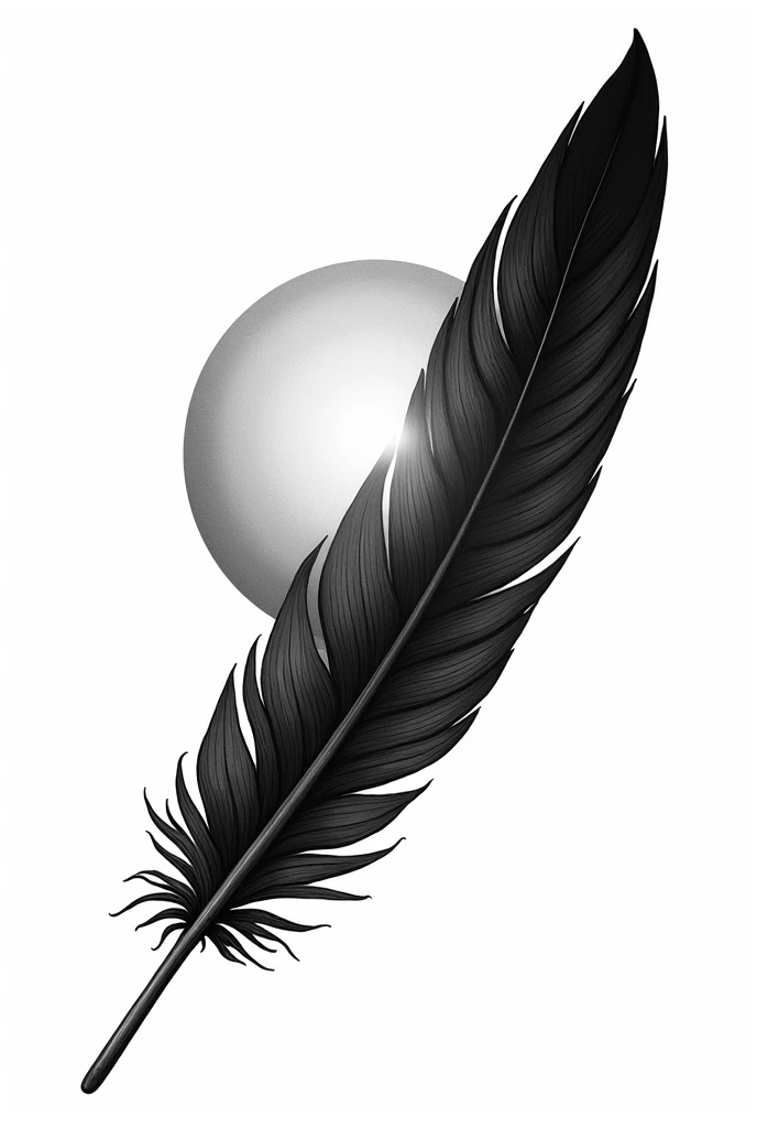 Draw me on a white background a black and white drawing of a sun cut by a large and beautiful gerfalcon feather