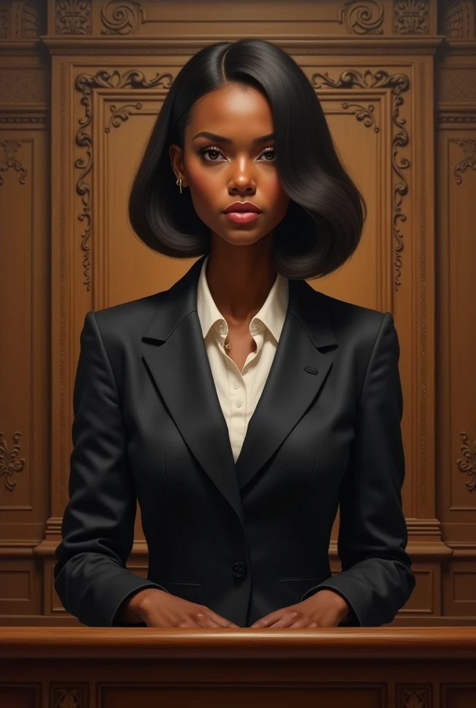 ( realistic paint) A beautiful  African woman, fair in complexion with a bob hair and wearing a black suit. Defending a case in a court 
