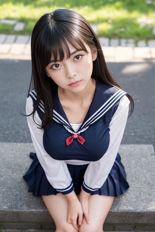 ((Melancholic expression))、((Sad face))、((Angry face))、((Crying face))、(長いBlack Hair)、((Looking up at the viewer))、((Highest quality、8k、masterpiece))、Sharp focus:1.2、、((Big Breasts))、(Cleavage))、masterpiece、Highest quality、Woman 1、Very detailed、The view looking up from directly below Black Hair Face seen from below ((Japanese schoolgirl))、((Summer sailor uniform))、Pleated skirt、((Big Breasts))、(Cleavage))、Under the chest、Chest seen from below Let me me'Let me'Let's take a look under the sailor suit,((A slightly higher angle))、from the front