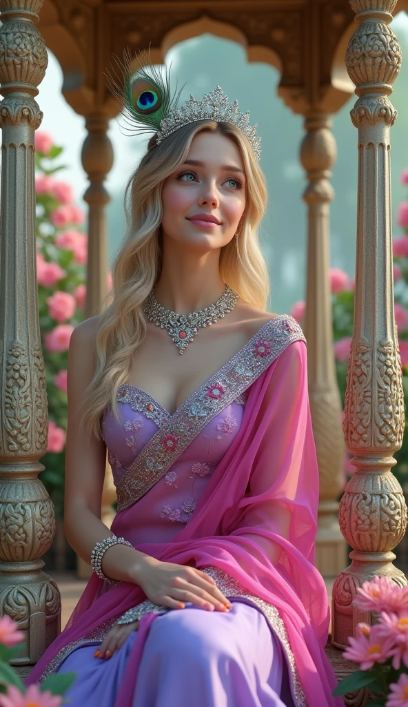 Full closeup, young woman, sitting under castle swing with crafted four pillars surrounded flowers garden, silver tiara crown with a single peacock feather in front crown, wearing a bright pink and levender silk floral embroidery sari, innocent, female, wearing silver ornaments Colorfull gemstone, beautiful and delicate, dark blonde hair, White skin, open eyes, eye natural color, expression of peace and happiness, very saturated colors, front face
