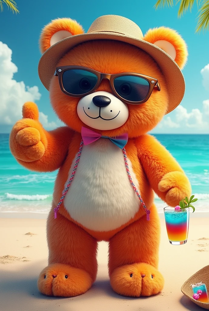 A giant teddy bear, wearing sunglasses and a straw hat, sitting on a beach, holding a cocktail. The bear is smiling and giving a thumbs up. Background with a turquoise blue sea and a sky with white clouds. Artistic style: fashion shooting, swirly vibrant colors, high resolution.