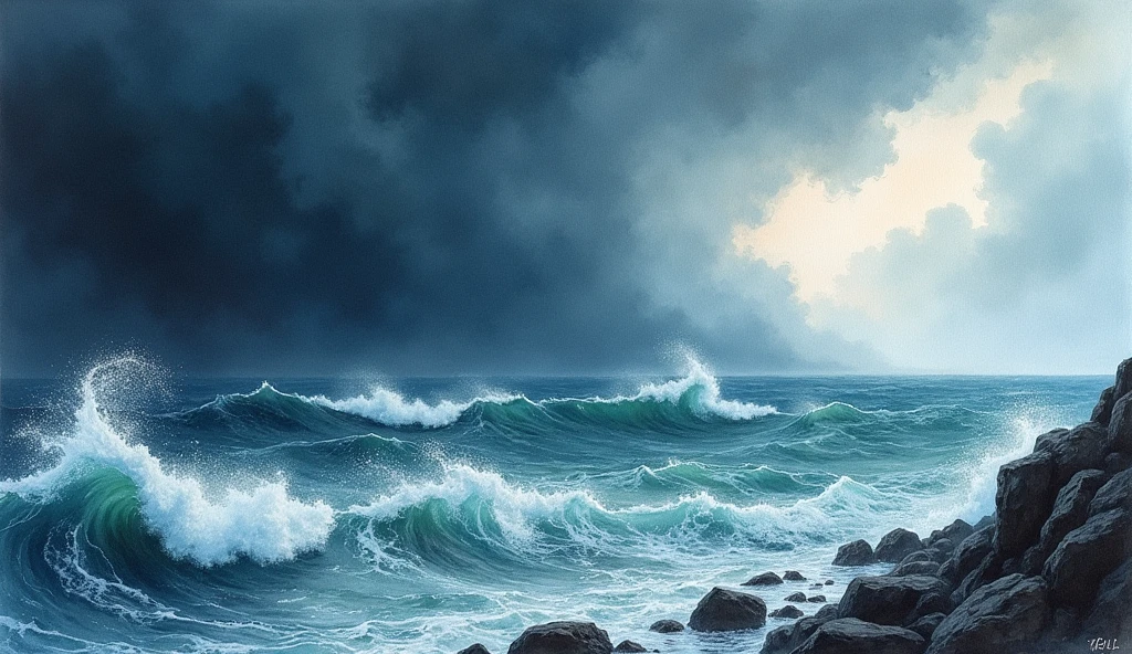 watercolour painting, a stormy day at sea in ireland, dark clouds, menacing skies, viewed from the shore, wind, rain,