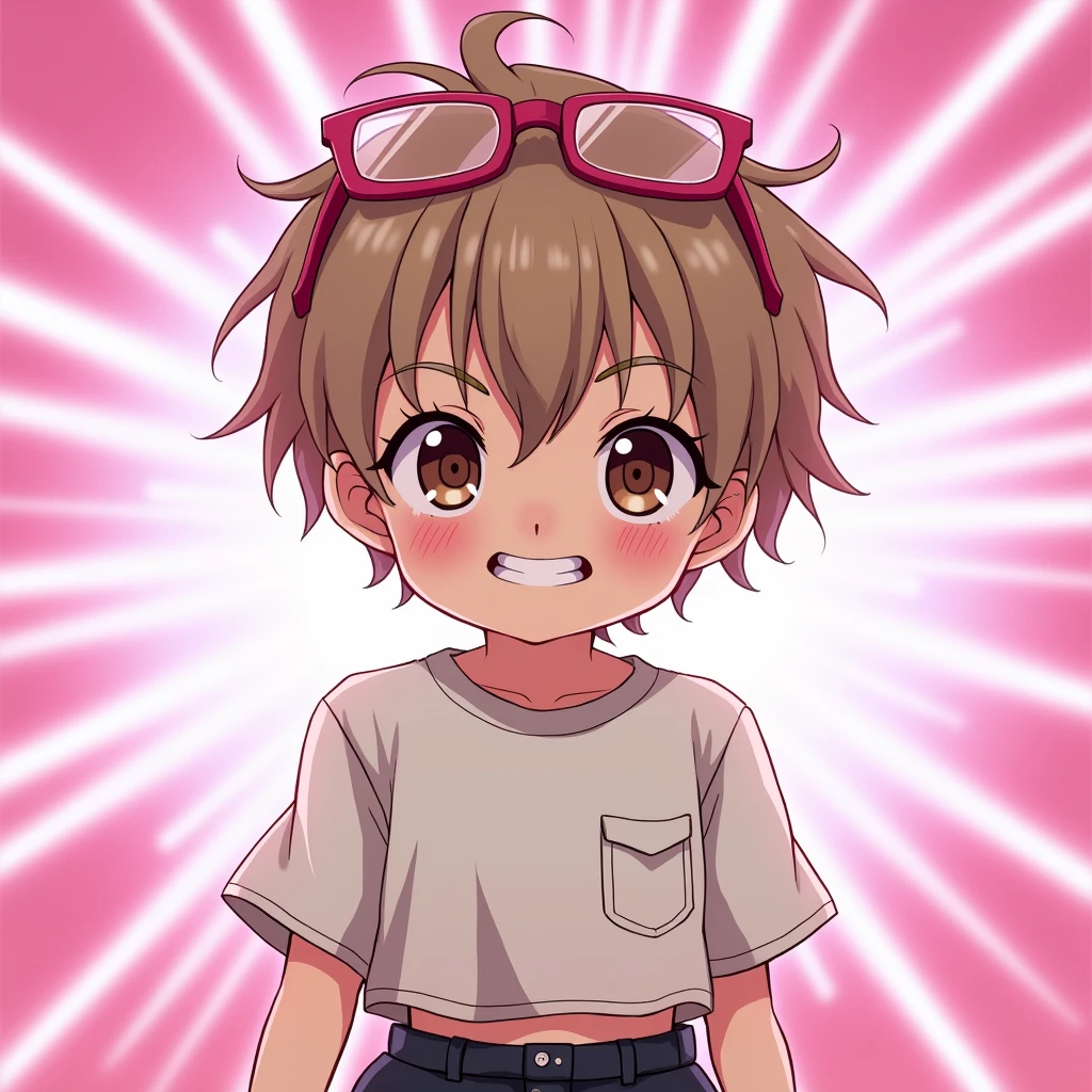 1boy avec les cheveux brun clair courts avec des yeux brun foncé et des lunette rose sur la tête avec un crop top avec des manches courtes en laine blanc et un cargo noir et il est fort rapproché de la caméra on voit sa tête en grand plan et il fait une grimace 
Fond snapchat flitre flash rose
Style anime
