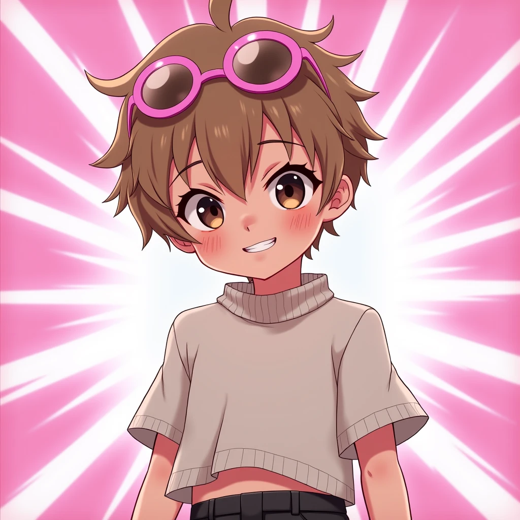 1boy avec les cheveux brun clair courts avec des yeux brun foncé et des lunette rose sur la tête avec un crop top avec des manches courtes en laine blanc et un cargo noir et il est fort rapproché de la caméra on voit sa tête en grand plan et il fait une grimace ￼￼￼
Fond snapchat flitre flash rose
Style anime