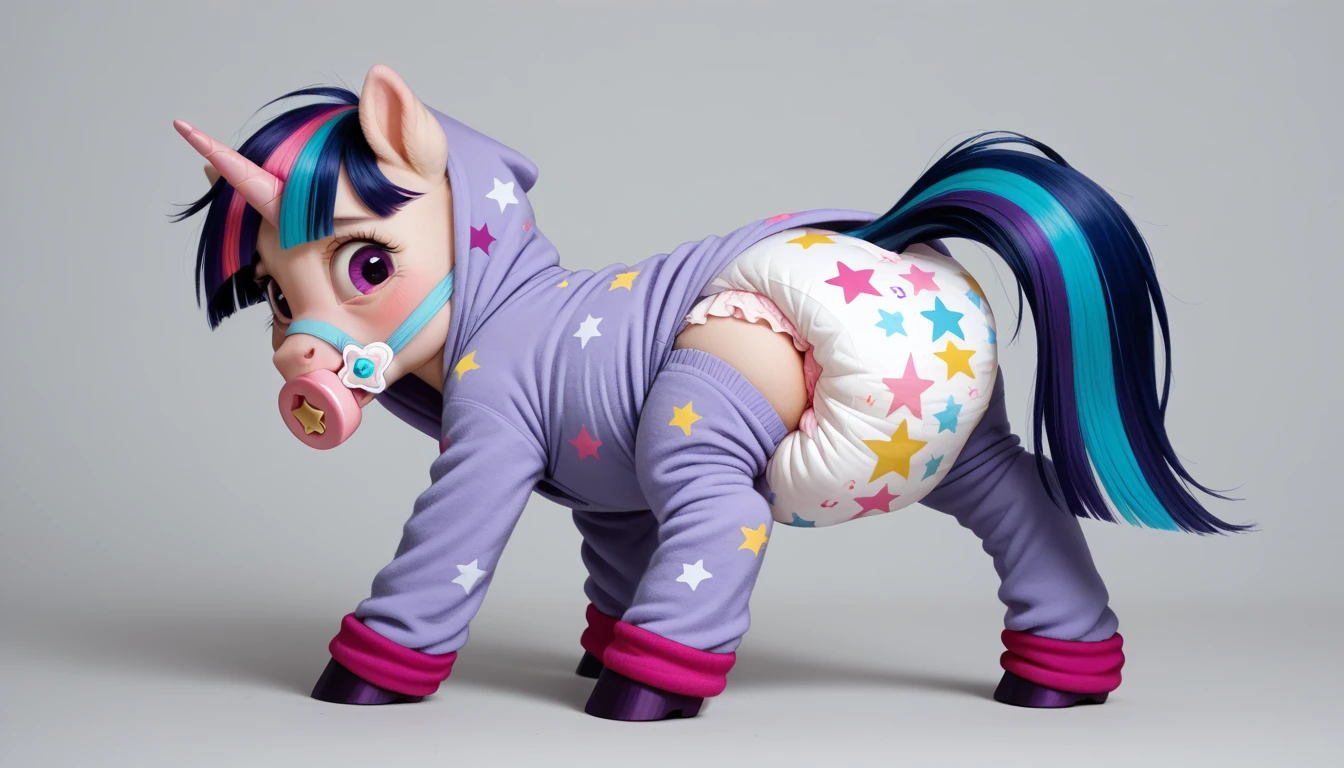 pony, purple unicorn, dark blue mane with purple streak and pink streak, the tail is dark blue with a purple strand and a pink strand, purple eyes, on the side close to the back hoof is a drawing of a pink star with six small stars around a central star, adult mare, stands on four hooves, rear hooves spread wide apart, wearing an adult-sized onesie and booties, baby adult size pacifier in mouth, solo, thick diaper under clothes, pink blush on cheeks, Embarrassment, Awkwardness.
