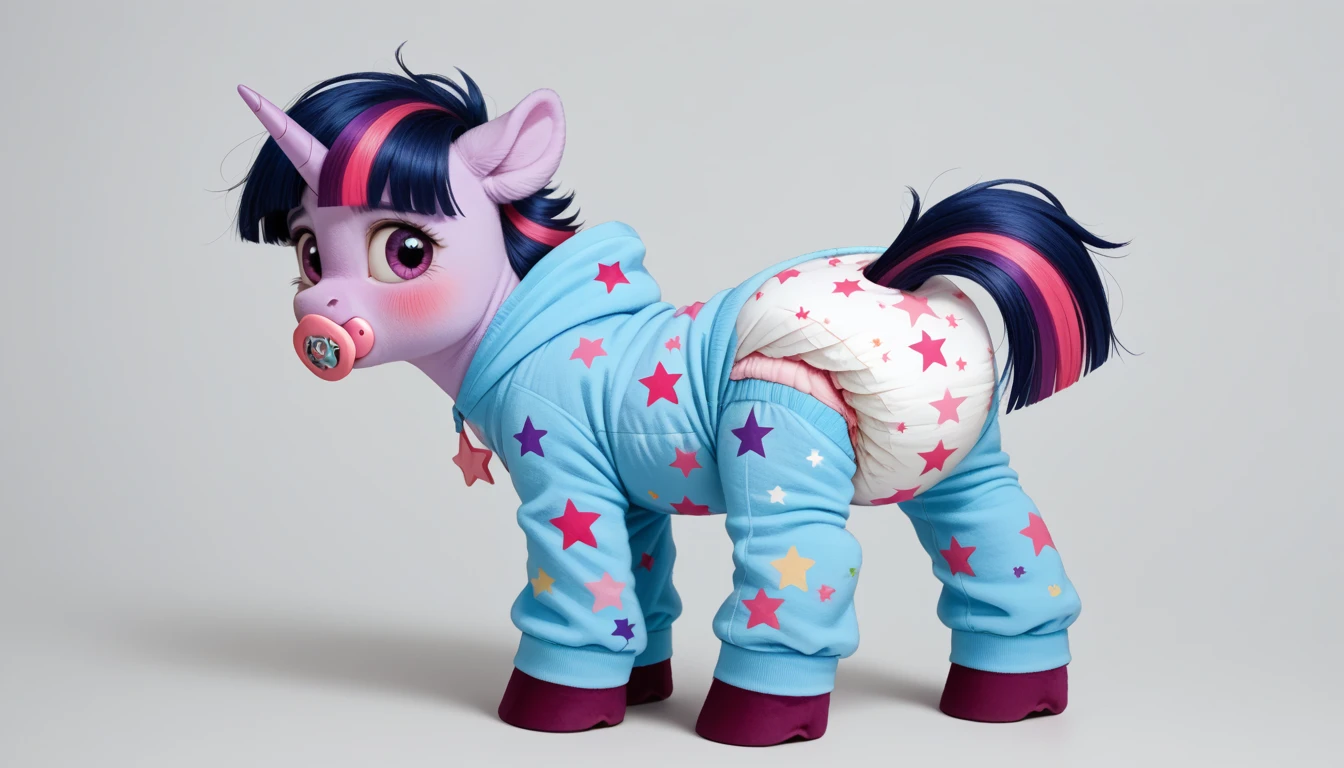 pony, purple unicorn, dark blue mane with purple streak and pink streak, the tail is dark blue with a purple strand and a pink strand, purple eyes, on the side close to the back hoof is a drawing of a pink star with six small stars around a central star, adult mare, stands on four hooves, rear hooves spread wide apart, wearing an adult-sized onesie and booties, baby adult size pacifier in mouth, solo, thick diaper under clothes, pink blush on cheeks, Embarrassment, Awkwardness.