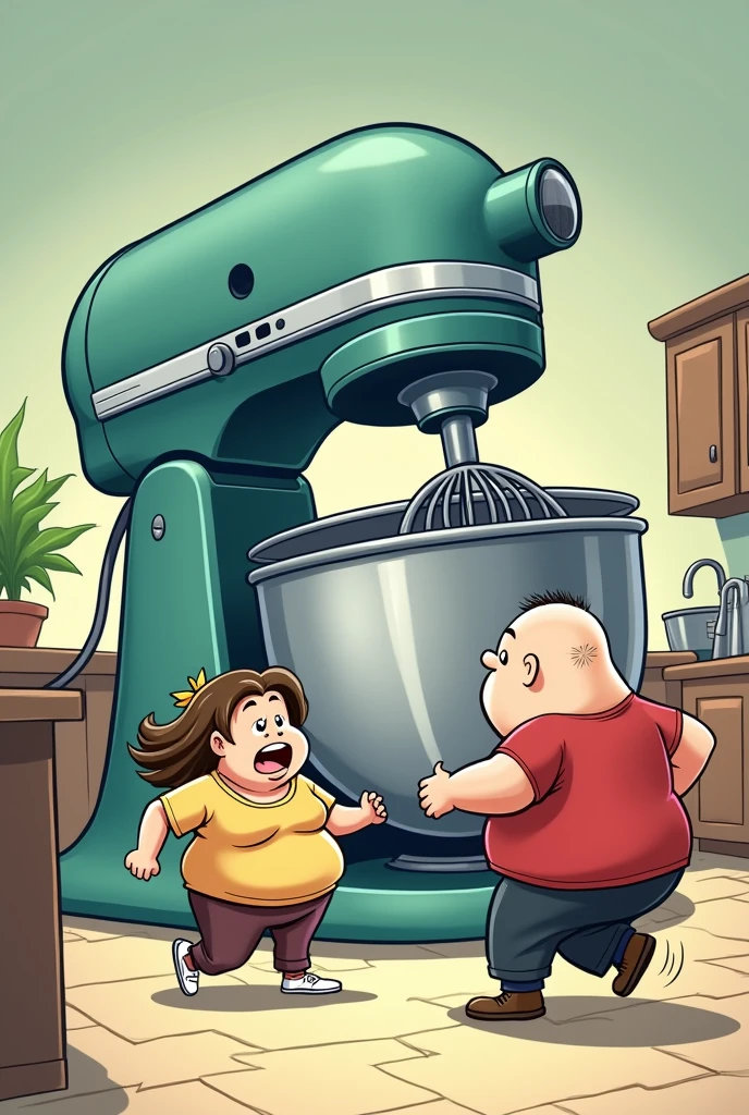 Cartoon style Chibi, a bald white man with a little hair, obesa. An obese light brown woman with highlights in her hair running from a giant evil ELECTRIC MIXER