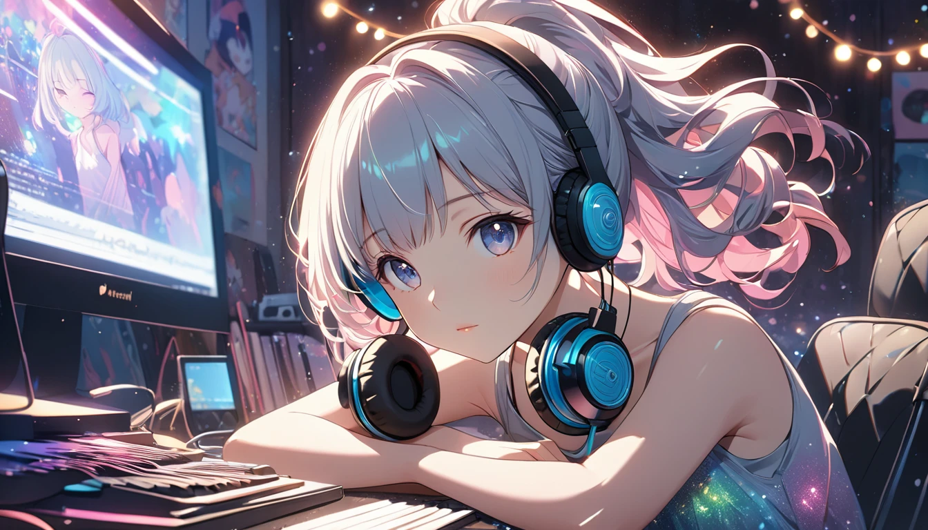 Highest quality, Intricate details, Very delicate, so beautiful, Highest quality, High Qualite, Very beautiful face, kindness, 超detailed hair, thin, cute, Perfectly symmetrical face, Upper body rest (Beautiful colors,detailed,Highest quality,Great quality,so beautiful),Lighting particles, Tank top, Casual Fashion, Headphones,computer, guitar, Glitter, ponytail, Anime Style 4 k, art wallpaper 8k, LOFI Girl, 4K anime atmosphere, Lo-fi art style, Anime Style, 8k