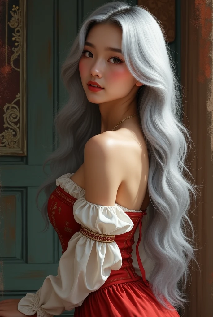 Young woman,Twenty-five years old, Beautiful face, Asian face, long silver hair, Wearing Central European clothing, skirt, Big chest, Thin waist, Big butt,In the room, Painting style: realistic