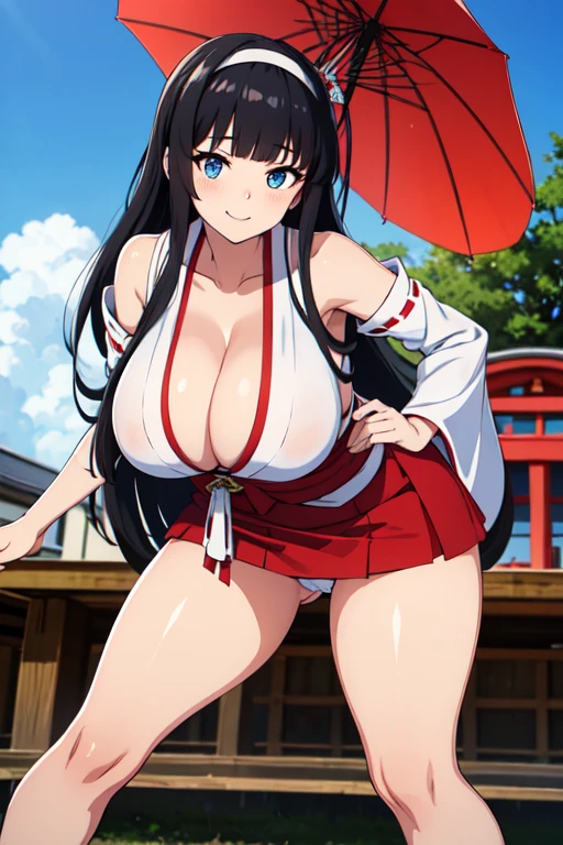 good quality, best quality, highres, absurdres, 8k, 4K, masterpiece, Girl in Japanese shrine maiden outfit, (Hime cut), (super long black hair),(((straight bangs, blunt bangs))),(White headband), Blue eyes, super long black hair, hair ornament, ribbon, smile, Showing her breasts, (Huge breasts:1.3), Cleavage, White kimono, Shoulder-exposing sleeves, open-chested costume, Short skirt, Red Skirt, (upskirt), cameltoe, leaning forward,