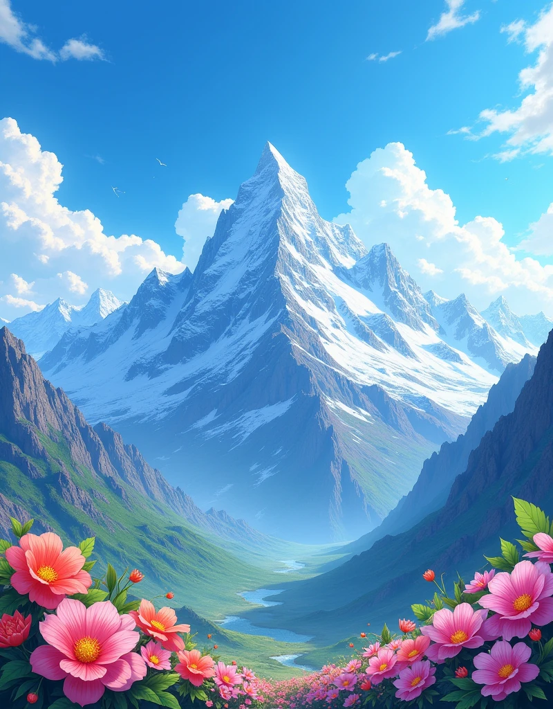 Create a breathtaking landscape illustration featuring majestic mountains as the central focus, with snow-capped peaks towering in the background. In the foreground, vibrant flowers bloom in vivid colors, their delicate petals contrasting beautifully against the rugged terrain. The bright blue sky overhead is clear and expansive, with soft clouds lazily drifting by, enhancing the serene atmosphere.

The mountains should be rendered with meticulous detail, capturing their grandeur and epic scale, while the snow on their peaks glistens under the sunlight. The scene evokes a sense of awe and wonder, with the natural beauty of the mountains and the delicate flowers creating a harmonious balance. The overall composition should be highly detailed, with a focus on the textures of the rocky mountains, the softness of the flowers, and the crispness of the snowy peaks.

Incorporate elements of anime-inspired art, emphasizing the vibrant colors and the intricate details of the landscape. The illustration should have an 8k resolution, ensuring the highest quality and clarity, making it perfect for use as a stunning wallpaper or as part of a detailed nature-themed series