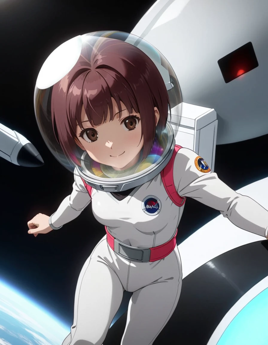 (Spacesuit:1.15), White Cargo Pants, Space Helmet , , Spacewalk, masterpiece, Highest quality, One person, alone, short hair, , , , Bodysuits,Gloss,, short hair, (Futuristic spaceship:1.6), , smile,Covered navel, short hair, Eli Ase,slim,Small breasts,From above, space helmet, bubble helmet, Rin Hoshizora