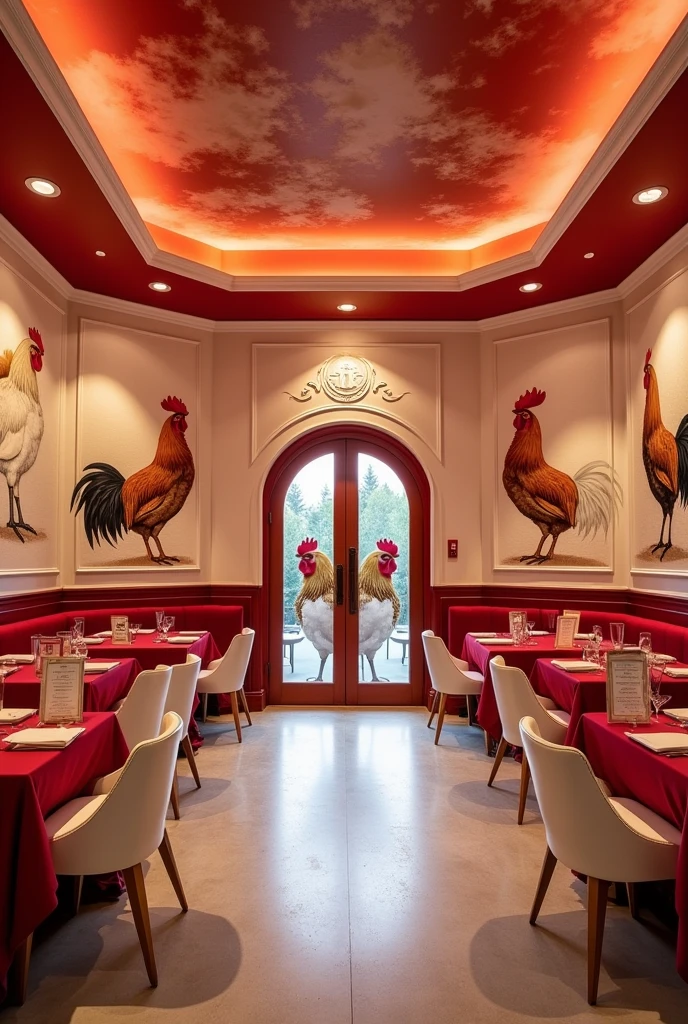 A huge hexagonal salon for a restorant, Walls panited white and red and Has a Chicken picture, red and white abstract cceiling with d/f spot lights, redish Brown light from the spot lights, Has a glass door that opens in two sides,has picture of  two faced each other Chickens on the doors,Red color tableas with white chares scaterd ,Menu on every table,