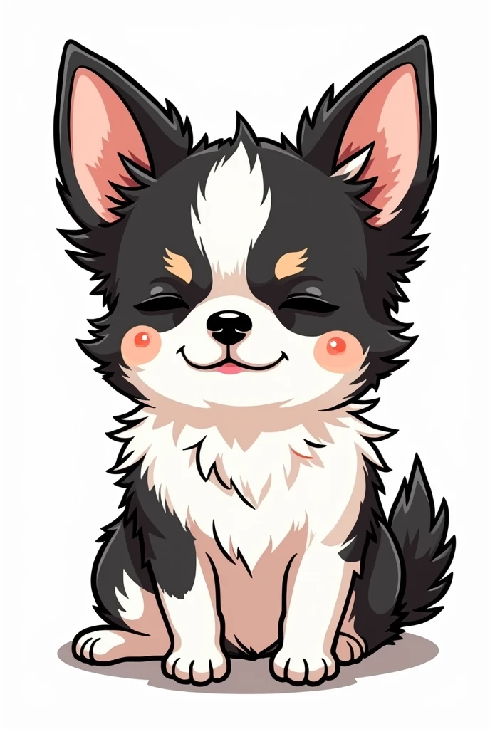 Chihuahua, black and white face, white body, black sides of belly, black butt, fluffy ears, brown eyebrows, sparkling eyes, manga style, LINE stamp style, two short legs, sleeping with transparent background
