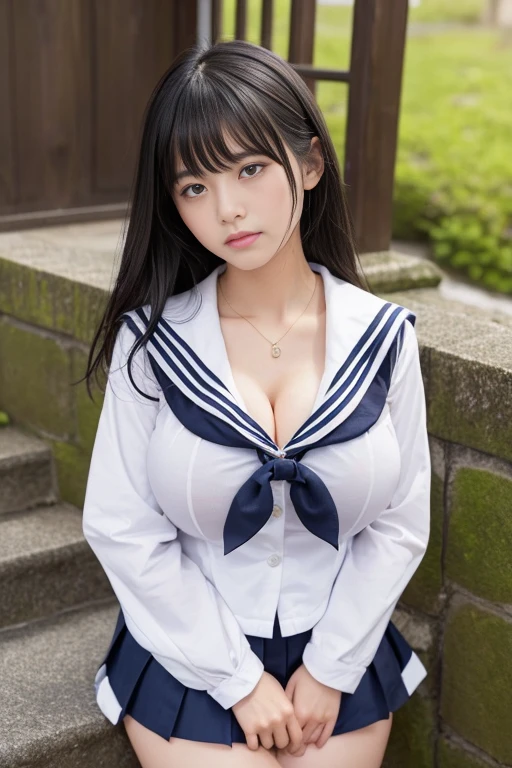 ((Melancholic expression))、((Sad face))、((Angry face))、((Crying face))、(長いBlack Hair)、((Looking up at the viewer))、((Highest quality、8k、masterpiece))、Sharp focus:1.2、、((Big Breasts))、(Cleavage))、masterpiece、Highest quality、Woman 1、Very detailed、The view looking up from directly below Black Hair Face seen from below ((Japanese schoolgirl))、((Summer sailor uniform))、Pleated skirt、((Big Breasts))、(Cleavage))、Under the chest、Chest seen from below Let me me'Let me'Let's take a look under the sailor suit,((A slightly higher angle))、from the front