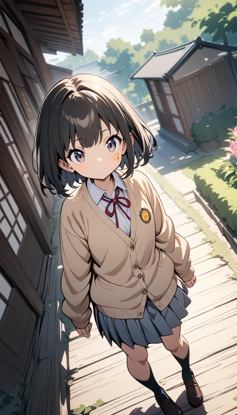 whole body,Anime Style, Dynamic Angle, 8k,1 cute girl,(cute:1.3),1 person, Observe the audience, Porch of a Japan house,｛school uniform, cardigan｝, Stylish, Trendy clothes,(Spotted Sun:1.2),Blurred,(Written boundary depth:1.1),Eye height on face、front、Japanese Girl