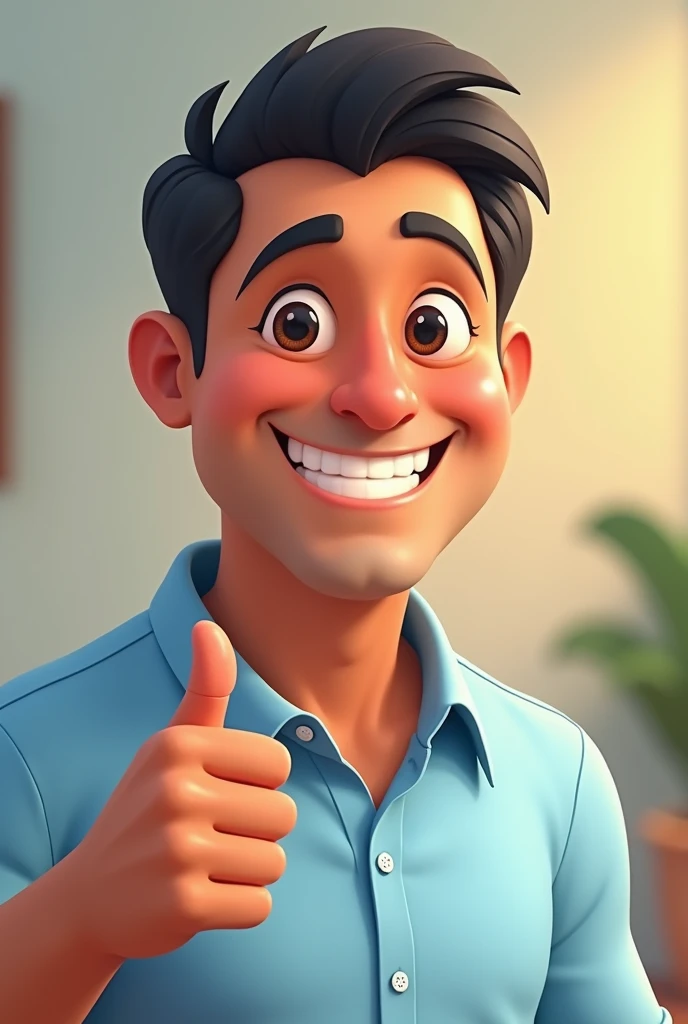 Brazilian man, middle-aged, clear hair, more youthful appearance, slightly chubby face,  ssmile, happy, wearing a light blue dress shirt, making a positive sign with your hand "like", cartoon pixar style