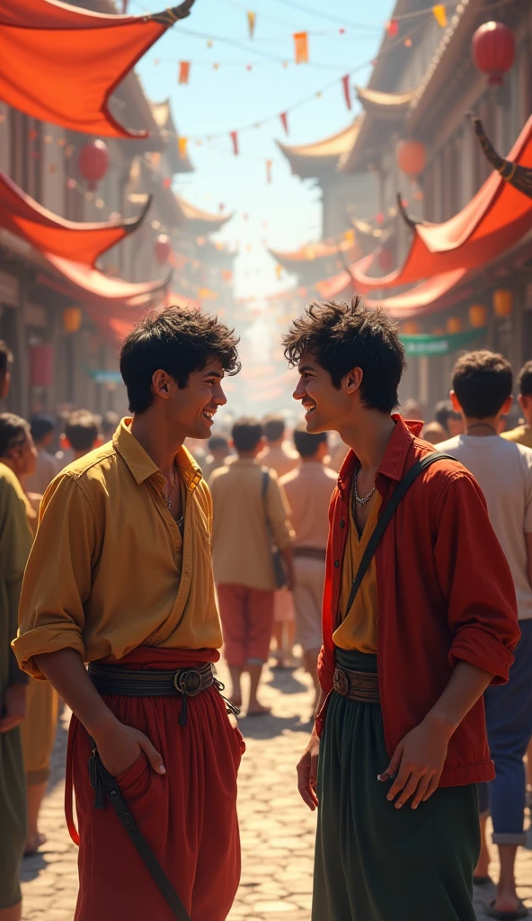 Across the street in that kingdom, in the midst of the crowd, two handsome poor young men come laughing and talking.