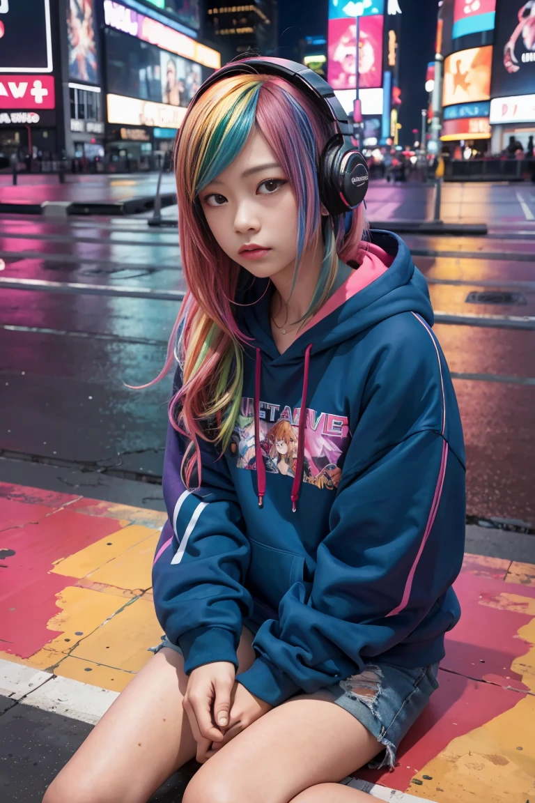 (In 8K、RAW Photos、Highest quality、masterpiece:1.2)、(Realistic、Photorealistic:1.37)、Very detailed、Ultra-high resolution、1 person、alone、Rainbow Hair、hoodie、Espadrilles、Straight hair、Headphones、length、(Center of the intersection)、(Sit on the ground)、night、neon、Times square、cyber punk、Physically Based Rendering、Cinema Lighting、Dynamic Angle