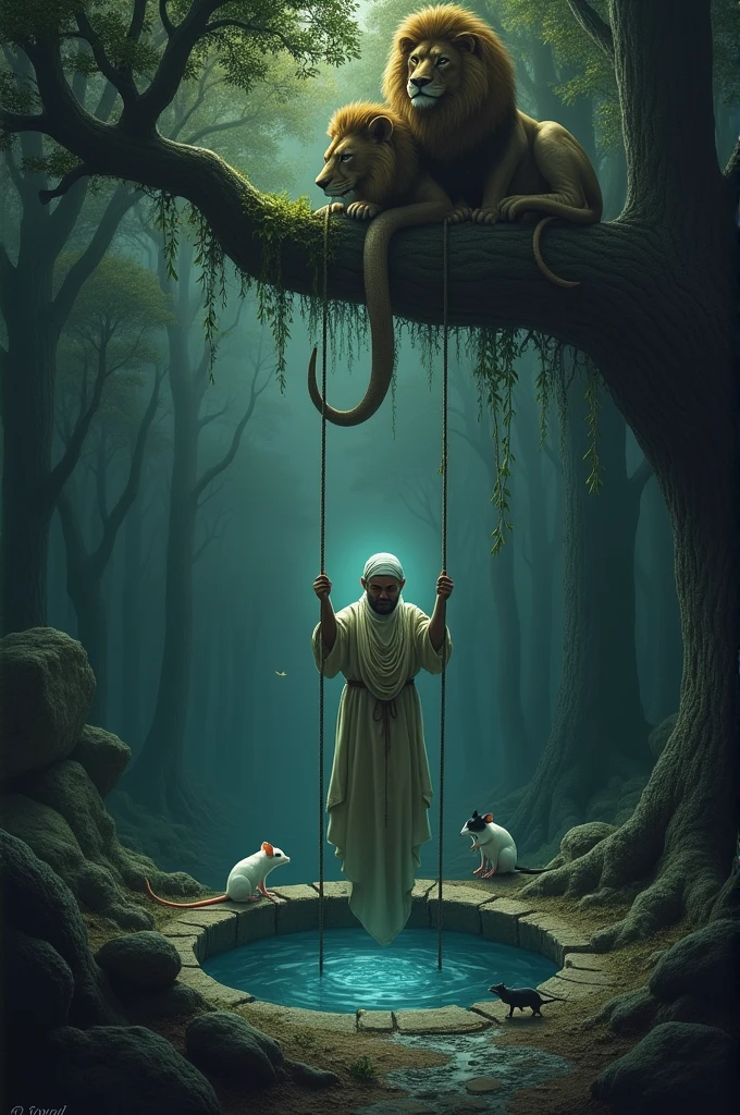 A Muslim man in the deep forest. Hanging from the rope in the well. And on the rope a white mouse, a black mouse. A huge snake inside the well. Inside the well is a beehive in the tree. A big lion above the well.