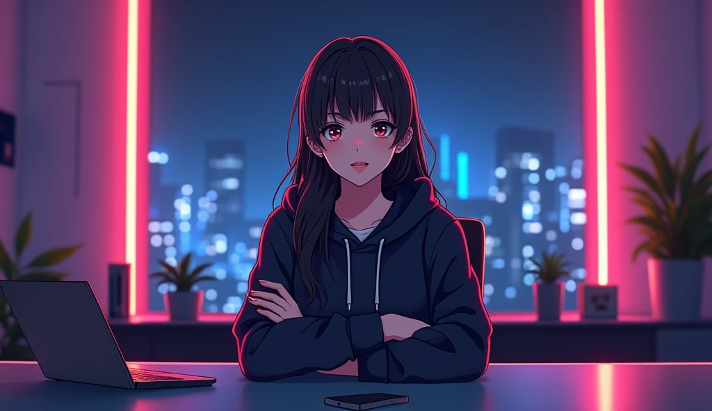 Create an anime-friendly looking female business character who appears handsome and smart. SHe has a good face and is wearing a hoodie. The character is sitting behind microphone in office, with his arms on the desk. It is night, and the room features volumetric neon lighting. The female character is front-facing to the camera, looking straight and centered. This is a central portrait with an audio microphone on the desk near his mouth. The character's face should occupy about 1/3 of the image size. He is sitting straight, front view, and centered, looking straight ahead. The overall ambiance of the image should convey a connection to minimalism, with flat illustration, bold lines, simplification, and a gouache illustration style. The image should be in 8K resolution.