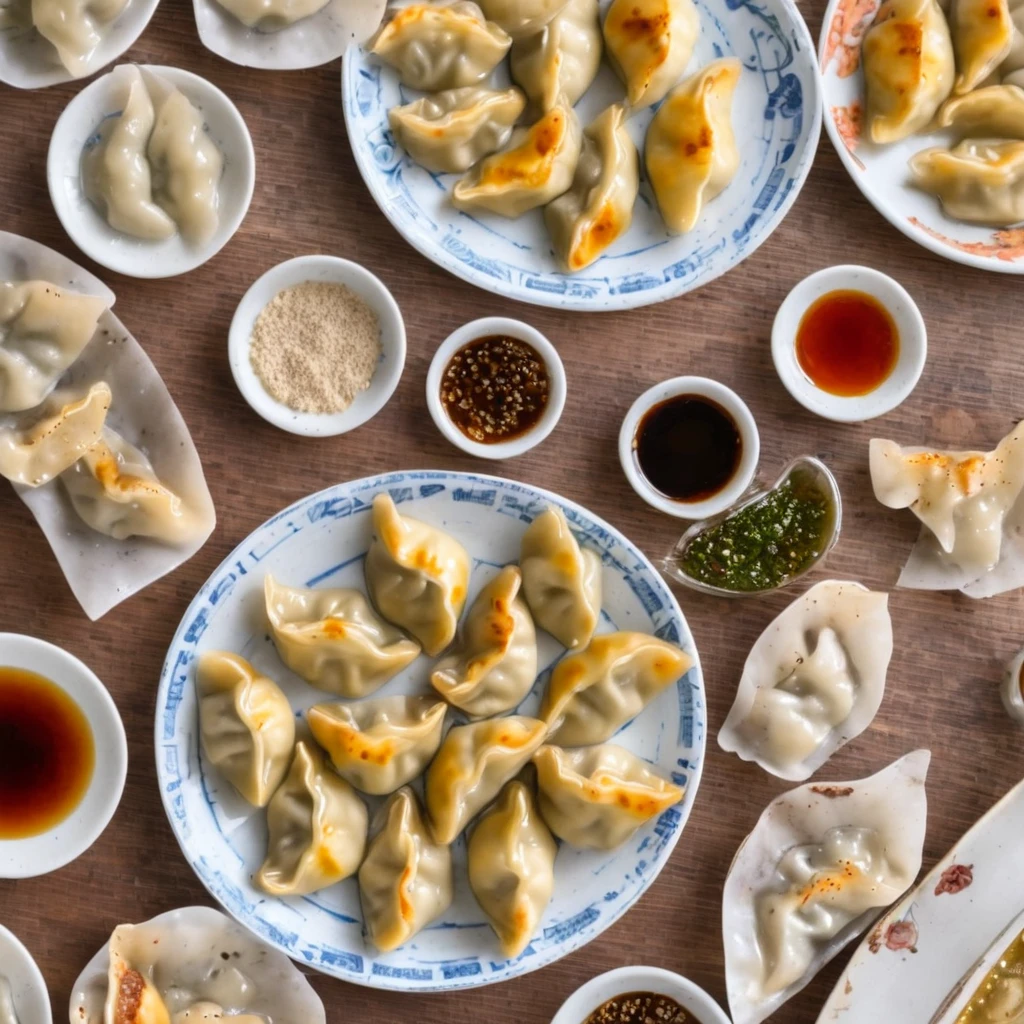 ((One side is brown and discoloured)).((Baked dumplings)),((crescent shaped gyoza:1.********u can see the minced meat through the dough...))、These dumplings are made from wheat flour dough rolled out thinly and shaped into semicircular shapes...、Put a lot of dumplings on a small plate、