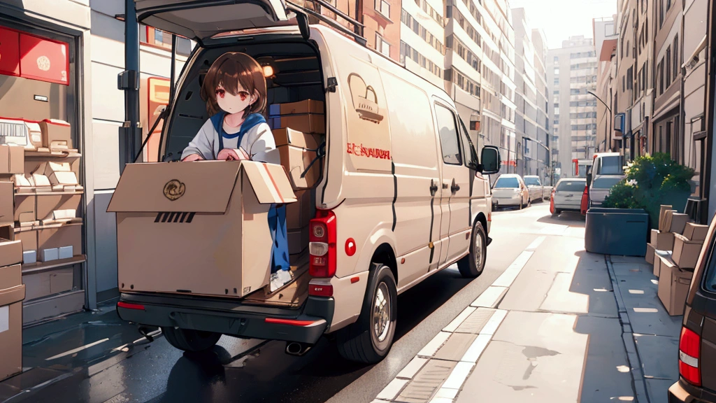 Light cargo,One person, masterpiece, Shortcuts, Brown Hair, Red eyes, Wide-angle shot, Delivery Person,Baggage,Cardboard,Light van