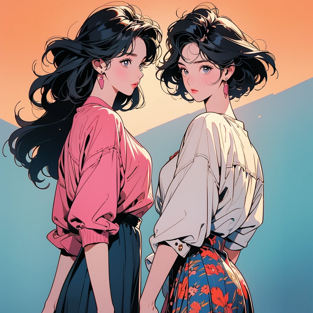 a girl, 4K, warm colours , shorth hair , overskirt, blouse、Poor lighting、detailed hair、face perfect、80s fashion、retro colour、highest quallity、detailed back ground、complex background、sunset