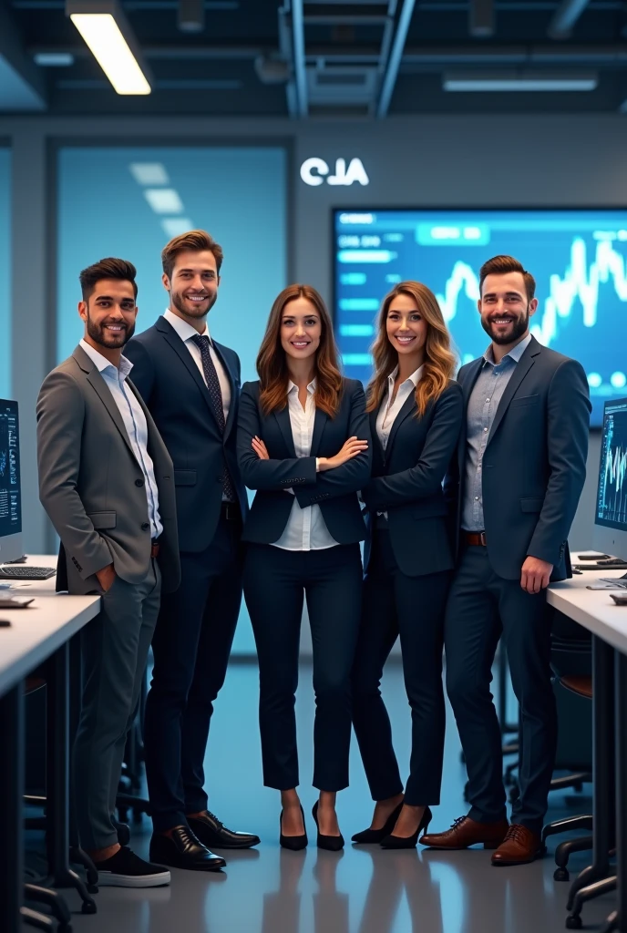 &quot;Create an image of a team of analysts consisting of 5 people of different genders with a snow-white smile and an athletic build. They should have a confident and inviting expression on their face., they must be dressed in business attire and stand in the office. Design must convey professionalism, trust and innovation, and subtle elements of digital technology or blockchain in the background should highlight the company&#39;s technological focus. The overall look should be stylish., professional and attractive. The background is an office where employees sit and analyze cryptocurrency charts on their computers., On the walls there is the company logo, 3 large letters CLA and a clearly legible inscription Cripto labs analytics»