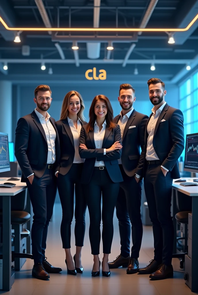 &quot;Create an image of a team of analysts consisting of 5 people of different genders with a snow-white smile and an athletic build. They should have a confident and inviting expression on their face., they must be dressed in business attire and stand in the office. Design must convey professionalism, trust and innovation, and subtle elements of digital technology or blockchain in the background should highlight the company&#39;s technological focus. The overall look should be stylish., professional and attractive. The background is an office where employees sit and analyze cryptocurrency charts on their computers., On the walls there is the company logo, 3 large letters CLA and a clearly legible inscription Cripto labs analytics»