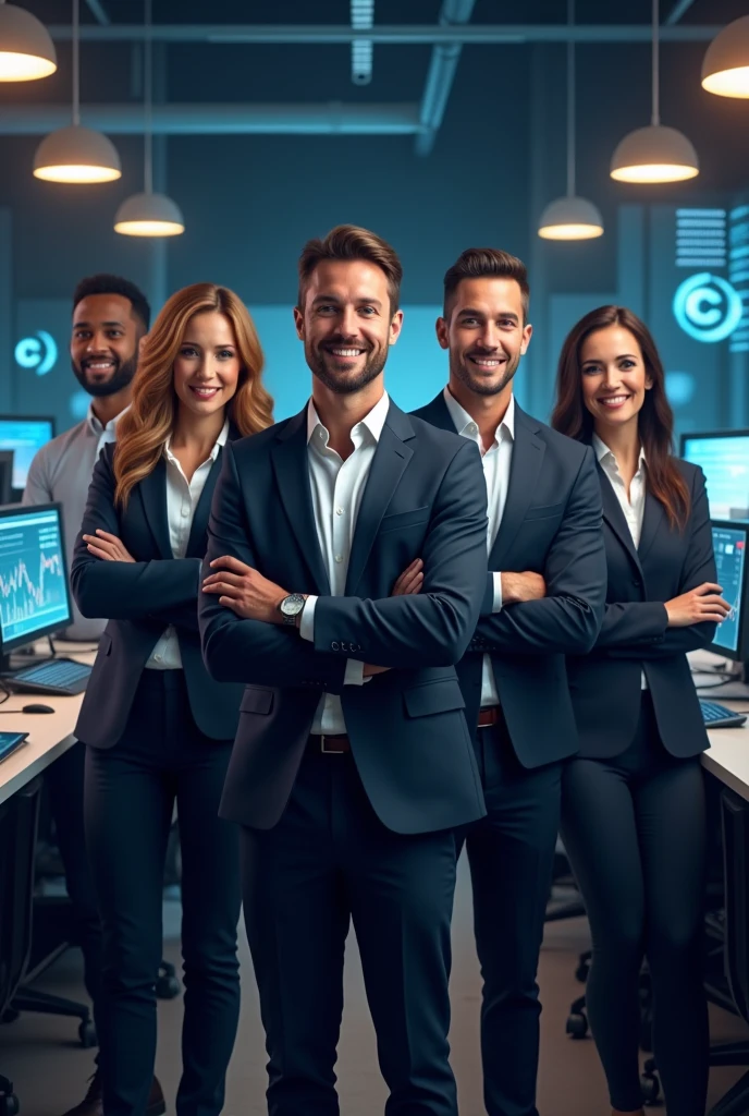 &quot;Create an image of a team of analysts consisting of 5 people of different genders with a snow-white smile and an athletic build. They should have a confident and inviting expression on their face., they must be dressed in business attire and stand in the office. Design must convey professionalism, trust and innovation, and subtle elements of digital technology or blockchain in the background should highlight the company&#39;s technological focus. The overall look should be stylish., professional and attractive. The background is an office where employees sit and analyze cryptocurrency charts on their computers., On the walls there is the company logo, 3 large letters CLA and a clearly legible inscription Cripto labs analytics»