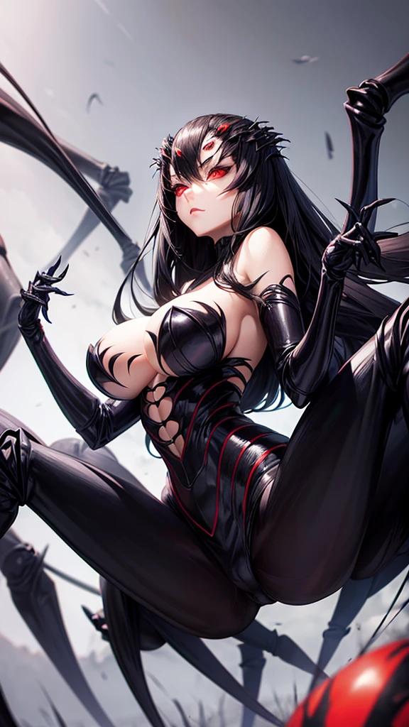 "An anime-style Arachne character with a human upper body and a large, detailed spider lower body. She has long, black hair, red eyes, and an extremely voluptuous figure. Her attire is revealing, designed to emphasize her large breasts. The character's multiple spider legs, with a sleek, black exoskeleton, are prominently displayed and extended outward, making them a focal point of her appearance, further emphasizing her powerful arachnid nature."