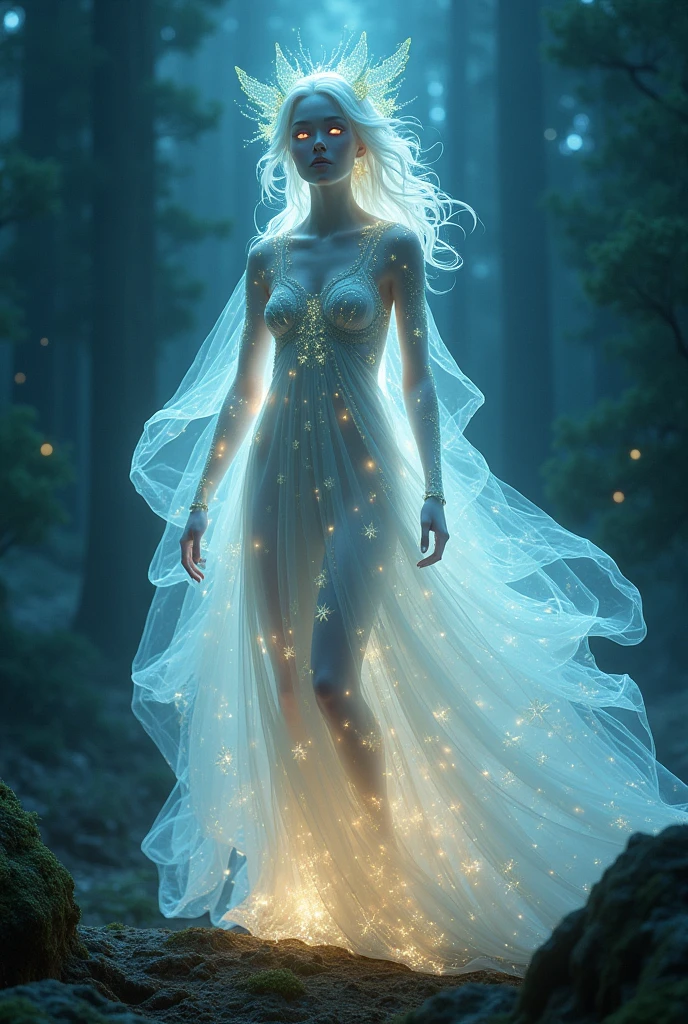 Luminaris is an ethereal being that inhabits forests and mountains, known for his ability to manipulate light and shadow. He is described as a humanoid with translucent skin., with hair that shines like stars and eyes that change color depending on the mood. Their clothes are made of a substance that looks like it's made of the Northern Lights., flowing and changing color.